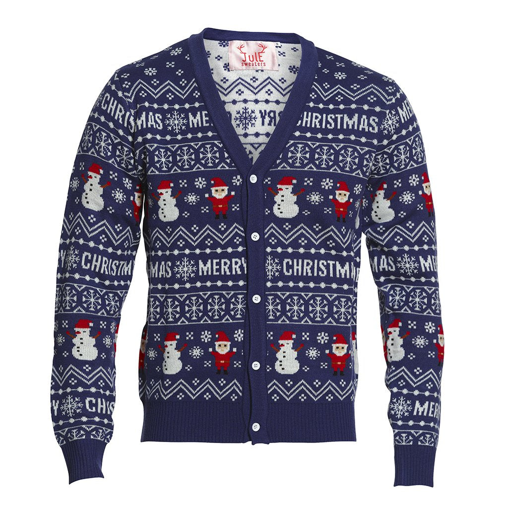 Un gilet de Noël bleu avec des elfes et des bonshommes de neige.